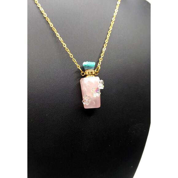 New Solid Rose Quartz Flowers Stone Bottle Necklace with Screw Off Lid - Picture 3 of 5